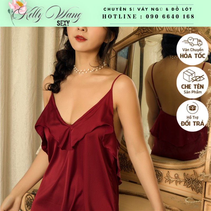 Váy ngủ lụa KELLY WANG sx165 đắp bèo lụa satin cao cấp - đầm ngủ lụa satin