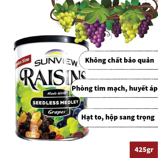 [HCM]Nho Khô Mỹ Không Hạt Sunview Raisins 425G