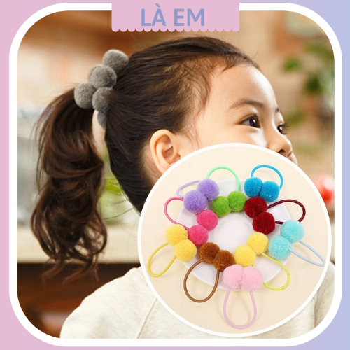 Set 2 dây cột tóc đính cục bông xinh xắn cho bé gái