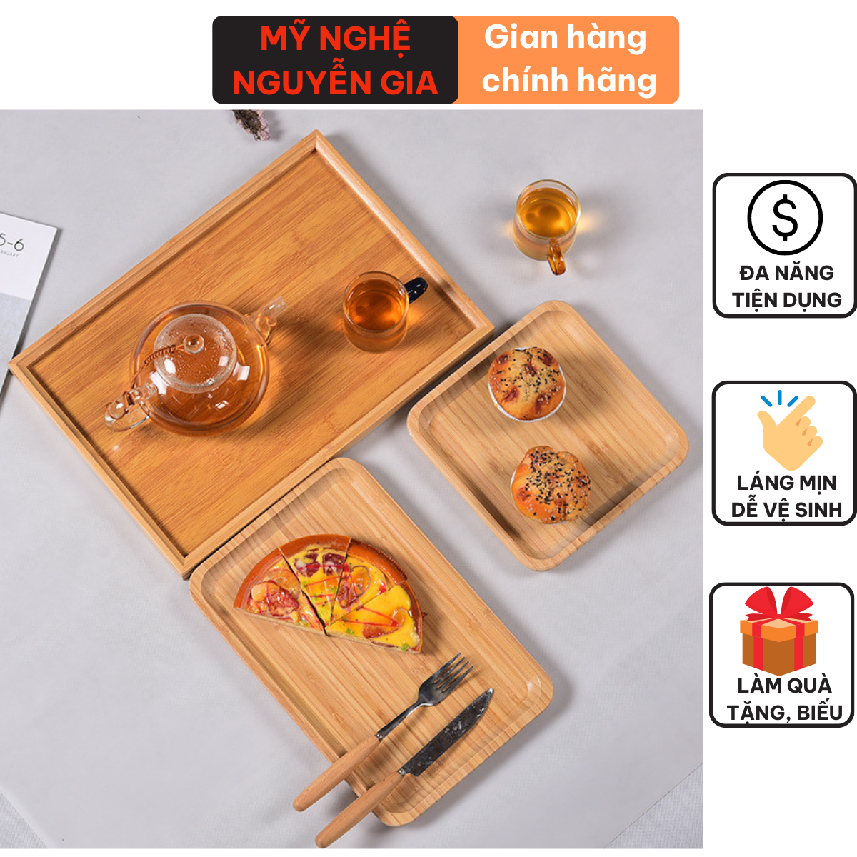 Khay gỗ tre decor đựng trà bưng bê đồ ăn đa năng