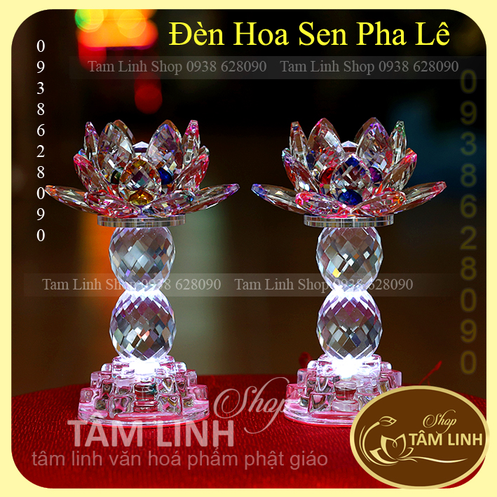 [Ảnh thật] Cặp Đèn Thờ Hoa Sen Pha Lê Cao 18.5 cm đèn LED đổi 7 màu