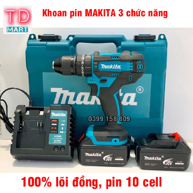 Máy khoan pin Makita 38V có chức năng búa, đầu 13 ly, 2 pin 10 cell khoan sắt, khoan gỗ khoan tường