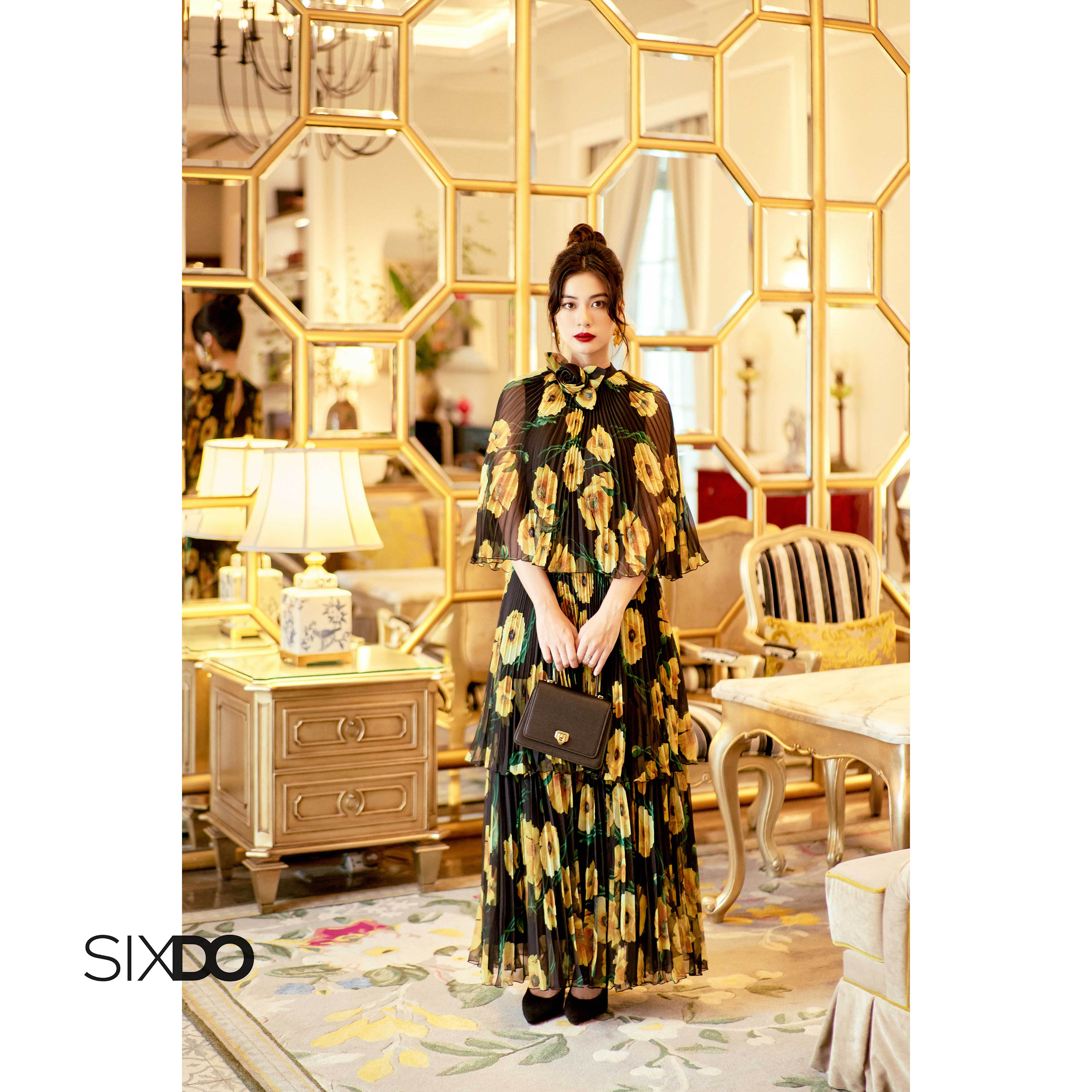 Đầm voan hoa vàng xếp ly cách điệu SIXDO