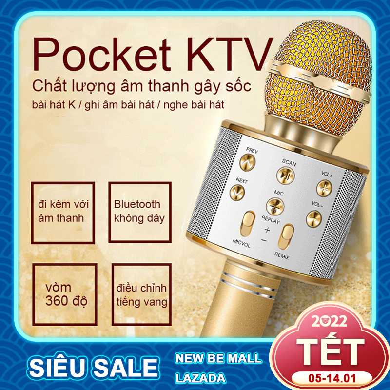 Hot Giảm Mic Hát karaoke kết nối Bluetooth không dây WS-858L, micro không dây, micro karaoke bluetooth, micro live stream, micro không dây bluetooth Đèn Led theo nhạc
