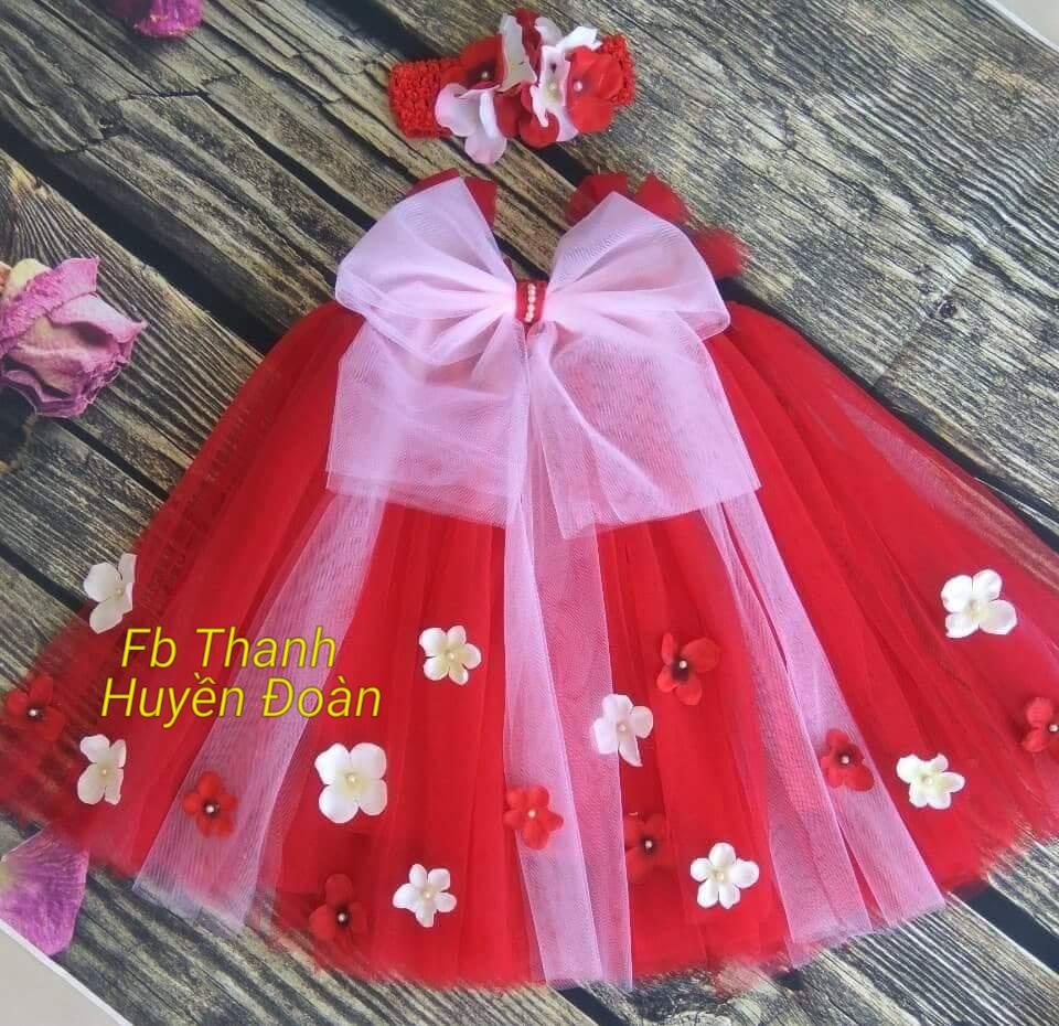 Váy Tutu công chúa Đỏ xen trắng - Nơ
