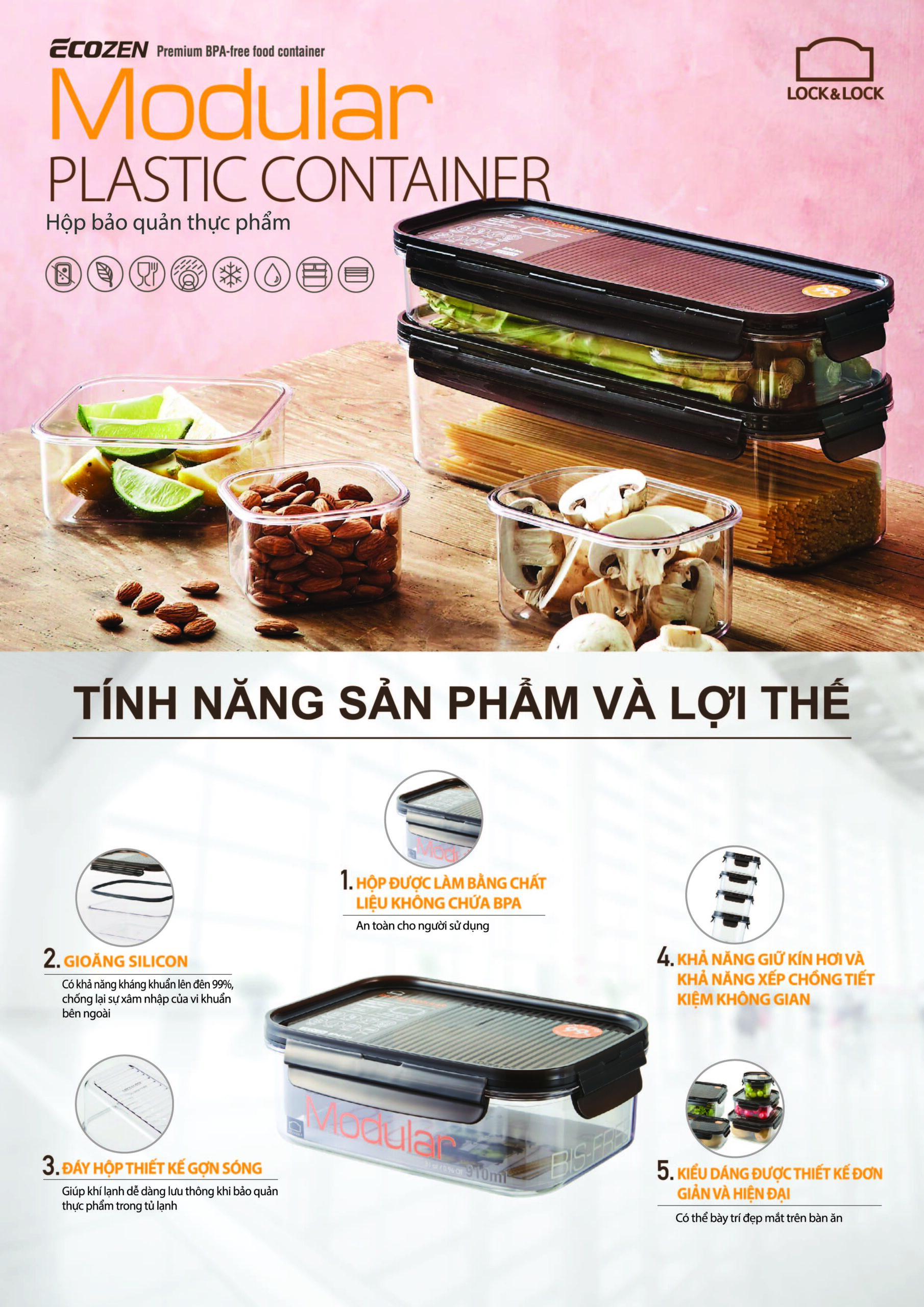 Hộp bảo quản thực phẩm bằng nhựa Lock&Lock Bisfree Modular từ 260ml đến 4.8L Nắp nâu gài 4 chiều, hộp đựng kín hơi