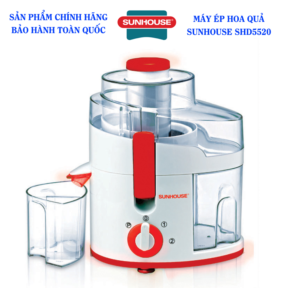 Máy ép hoa quả Sunhouse SHD5520 - Máy ép trái cây Sunhouse, Công suất 300W, Lưỡi xay ép bằng inox siêu bền, Lưới lọc lớn gấp 2 lần lưới thường, Bảo hành 12 tháng