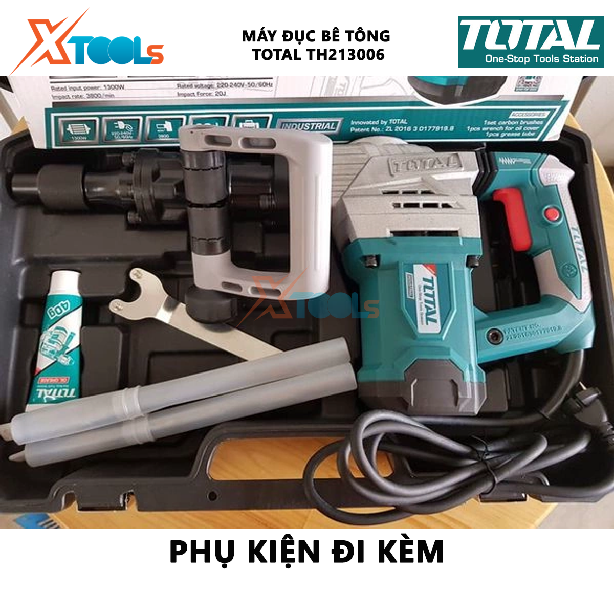 Máy đục bê tông TOTAL TH213006 | máy khoan đục công suất 1300W, tốc độ đập 3800 bpm, lực đập 20J vặn vít, đục tường, khoan bê tông