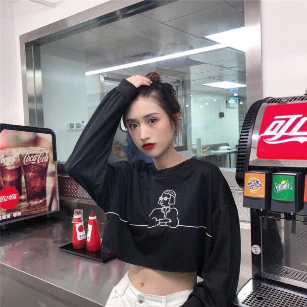 Áo croptop nữ, áo croptop nữ tay dài, áo crotop nữ form rộng, in hình cô gái cực xinh (ảnh thật), Long sleeved female croptop shirt