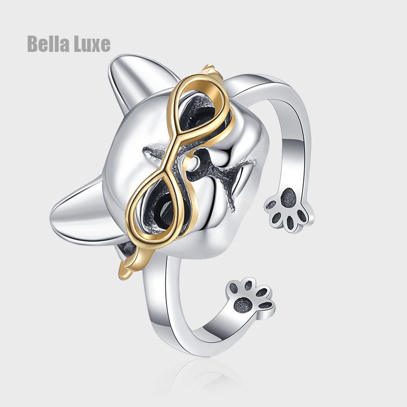 S925 Silver French Dog Holding Finger Dog Master Open Ring Female