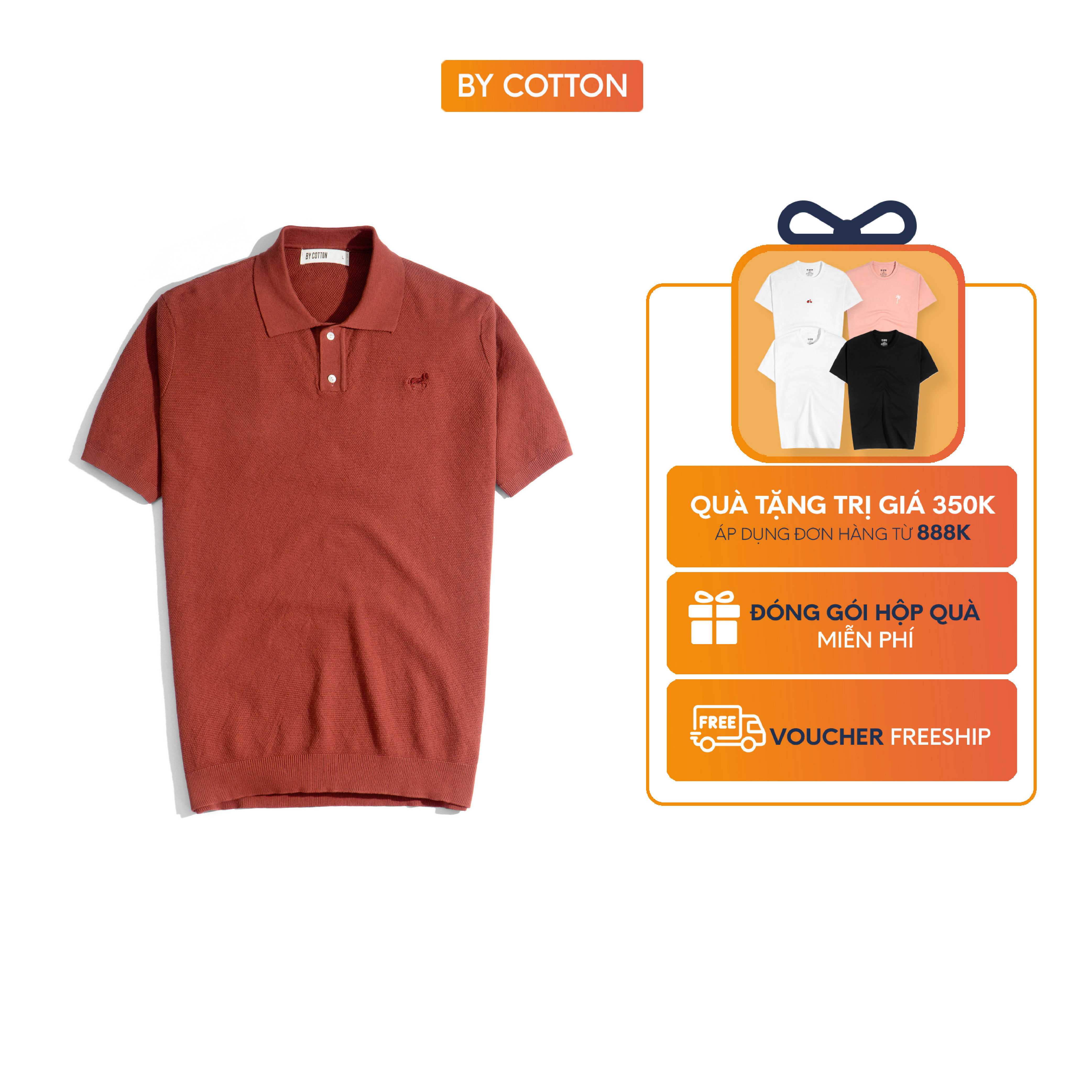 Áo thun nam cao cấp polo dệt kim màu cam gạch by cotton