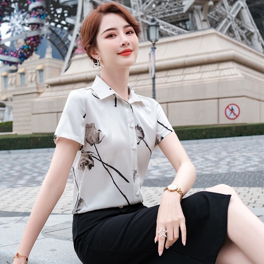 Áo Sơ Mi Nữ Ngắn Tay Kiểu Hàn Quốc Phối Họa Tiết Hoa Hồng Cực Hot