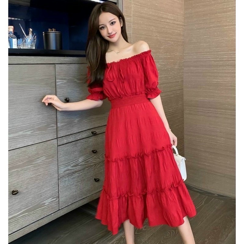 Đầm tầng trễ vai 2 màu