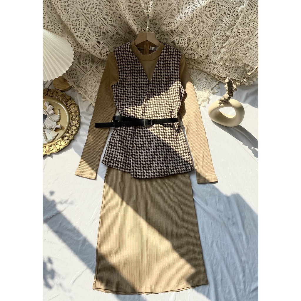 Set váy kèm belt style Hàn, chanh xả (1114)