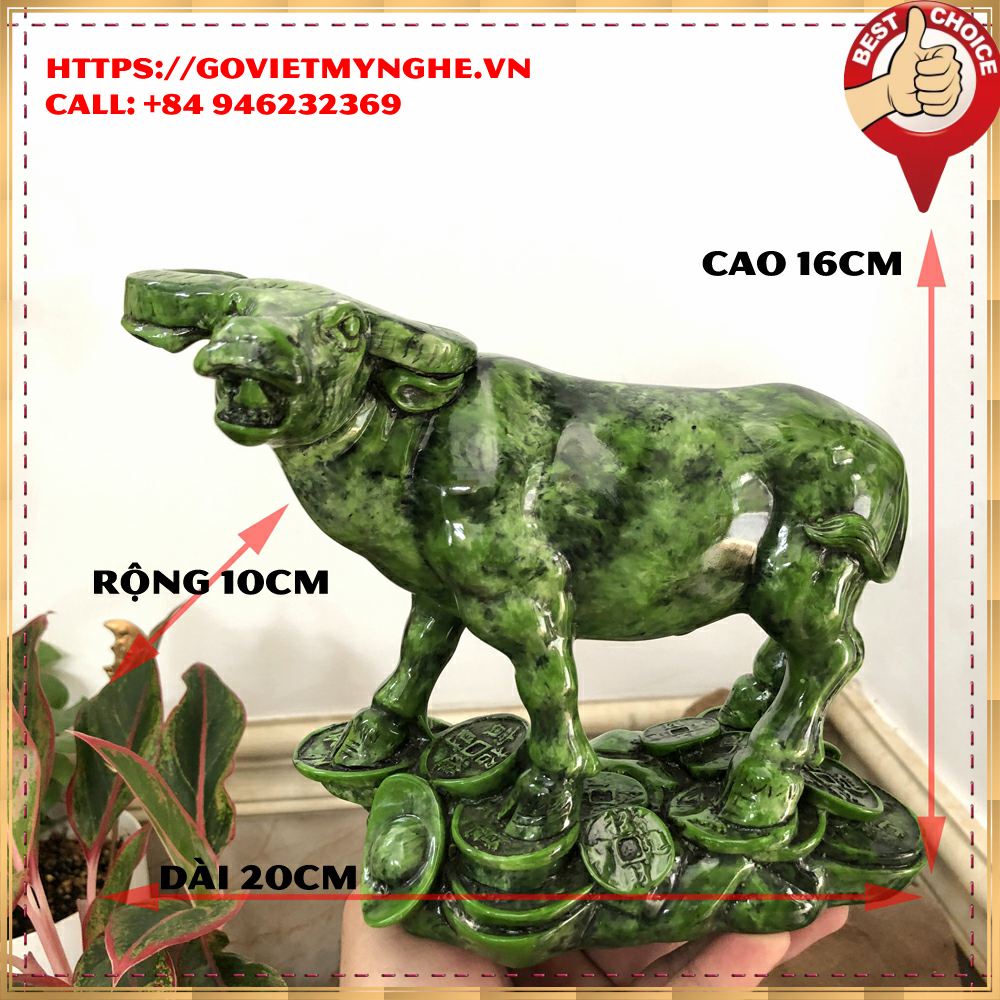 [Tượng con trâu] Tượng đá trang trí phong thủy tượng con Trâu chiêu giữ tài lộc phong thuỷ cho gia chủ - Cao 16cm - Xanh lục bích