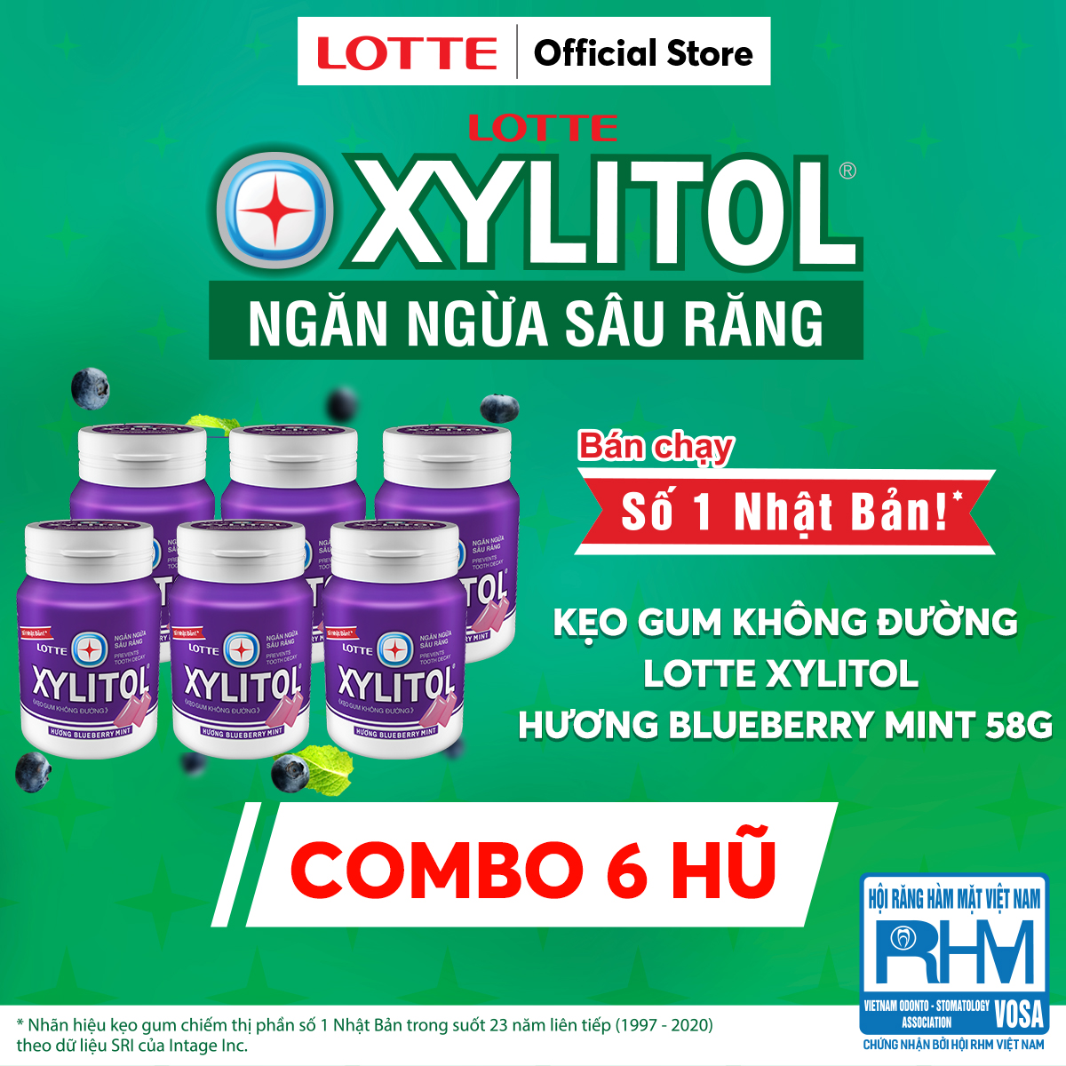 Combo 6 hộp Kẹo Gum không đường Lotte Xylitol - Hương Blueberry Mint 58 g
