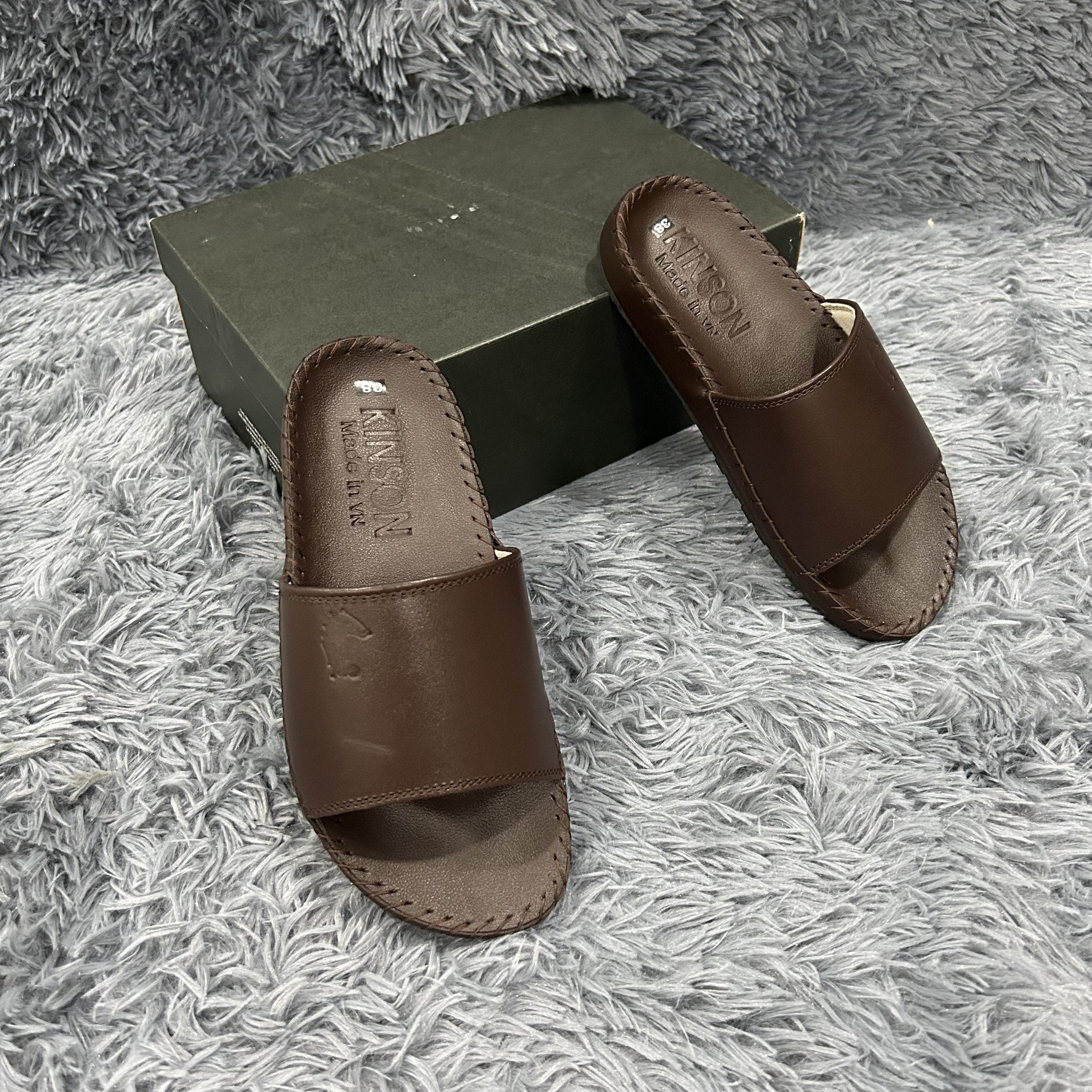 Dép Quai Ngang Nam Da Bò, Dép Nam Cao Cấp, Khâu Chỉ Toàn Bộ, Đế Chống Trượt KINSON Shop