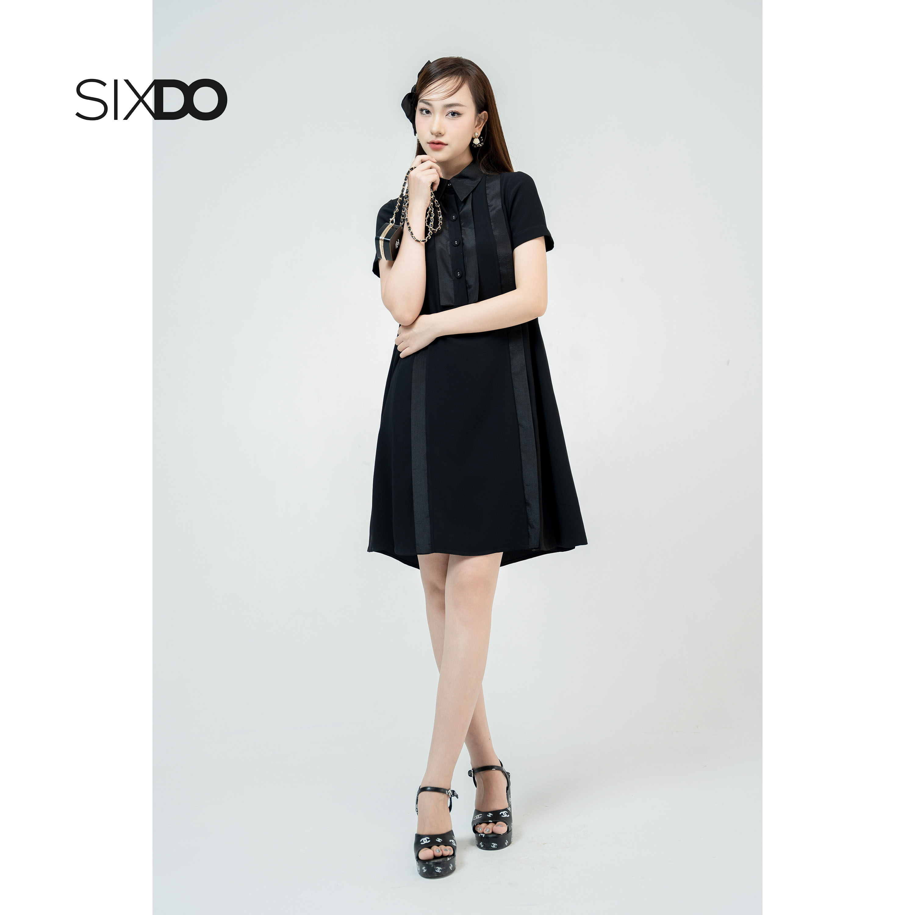 Đầm suông lụa đen cổ polo SIXDO