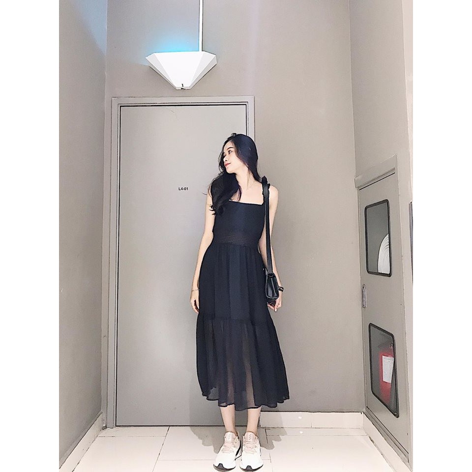 [HCM]Đầm maxi bo eo voan đen đi biển siêu hot