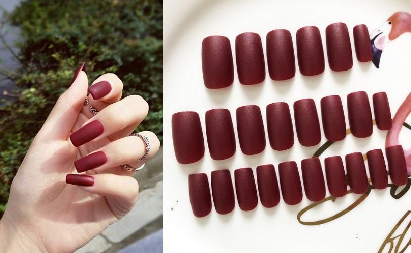 Bộ 24 móng tay giả dài vuông đỏ nhám (kèm keo)