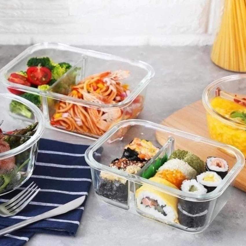 Bộ hộp đựng hoa quả, thức ăn, cơm mang đi làm bằng thủy tinh trong suốt chịu lực có nắp đậy bằng nhựa bảo đảm an toàn vệ sinh, thiết kế chia 2 ngăn, 3 ngăn thông minh, mẫu mới 2020 - Hop thuy tinh 2 ngan, 3 ngan cho ca nam va nu