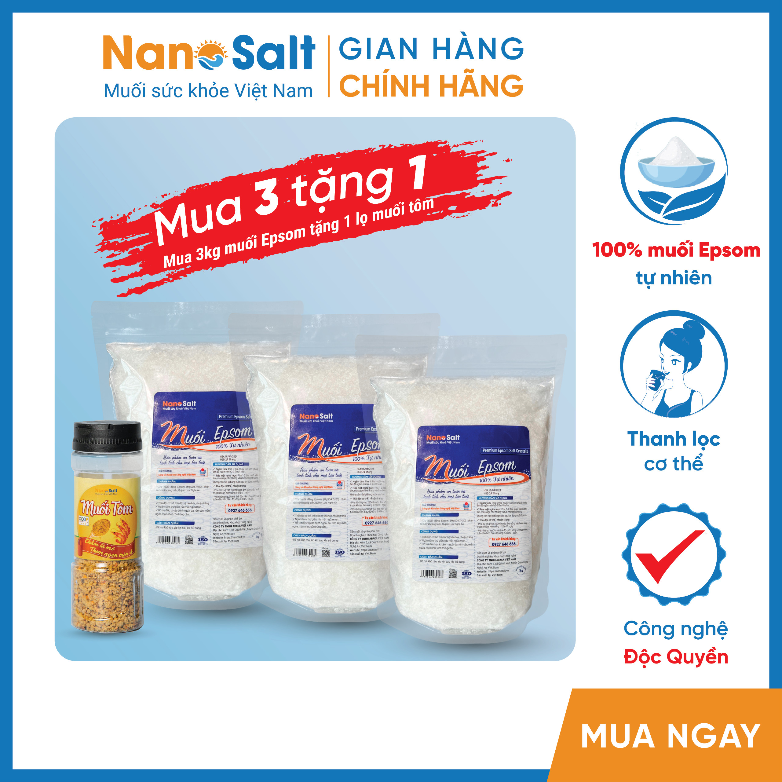 [Mua 1 tặng 1]Muối Epsom tinh khiết, Epsom thải độc (Uống được)- Túi1kg