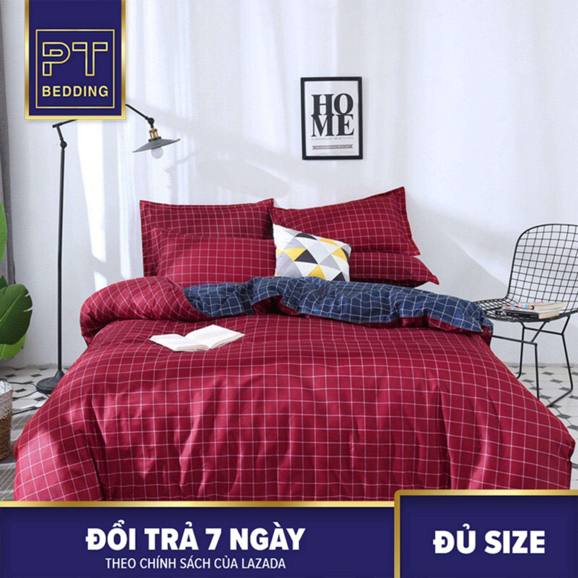 Bộ Chăn Ga Gối ( 01 Drap + 1 vỏ mền + 2 áo gối ) Caro Đỏ Xanh