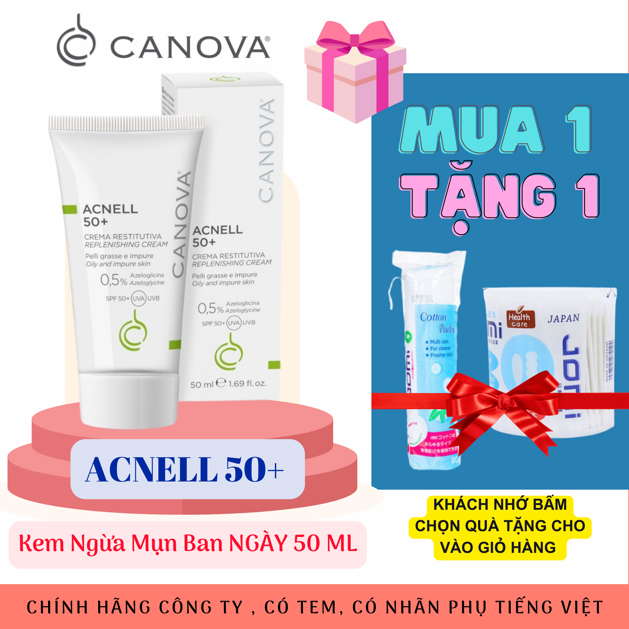 (TEM CTY) Kem Chống Nắng CANOVA Acnell 50+ (50mL) Với SPF50+ Và Giúp Ngừa Mụn