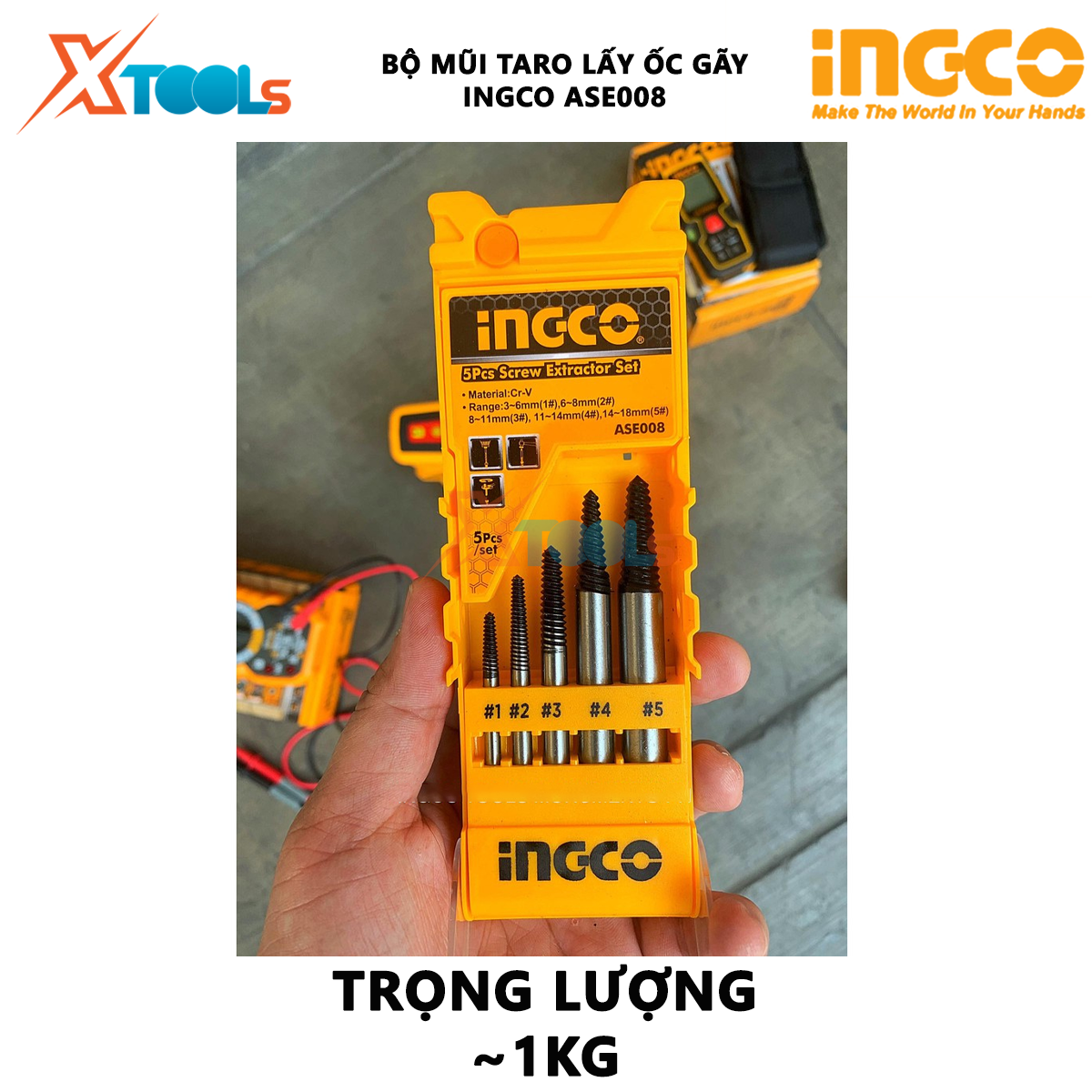 Bộ mũi taro lấy ốc gãy 5 chi tiết INGCO ASE008 Bộ 5 mũi ven răng Size 3-18mm Chất liệu Cr-V XTOOLs