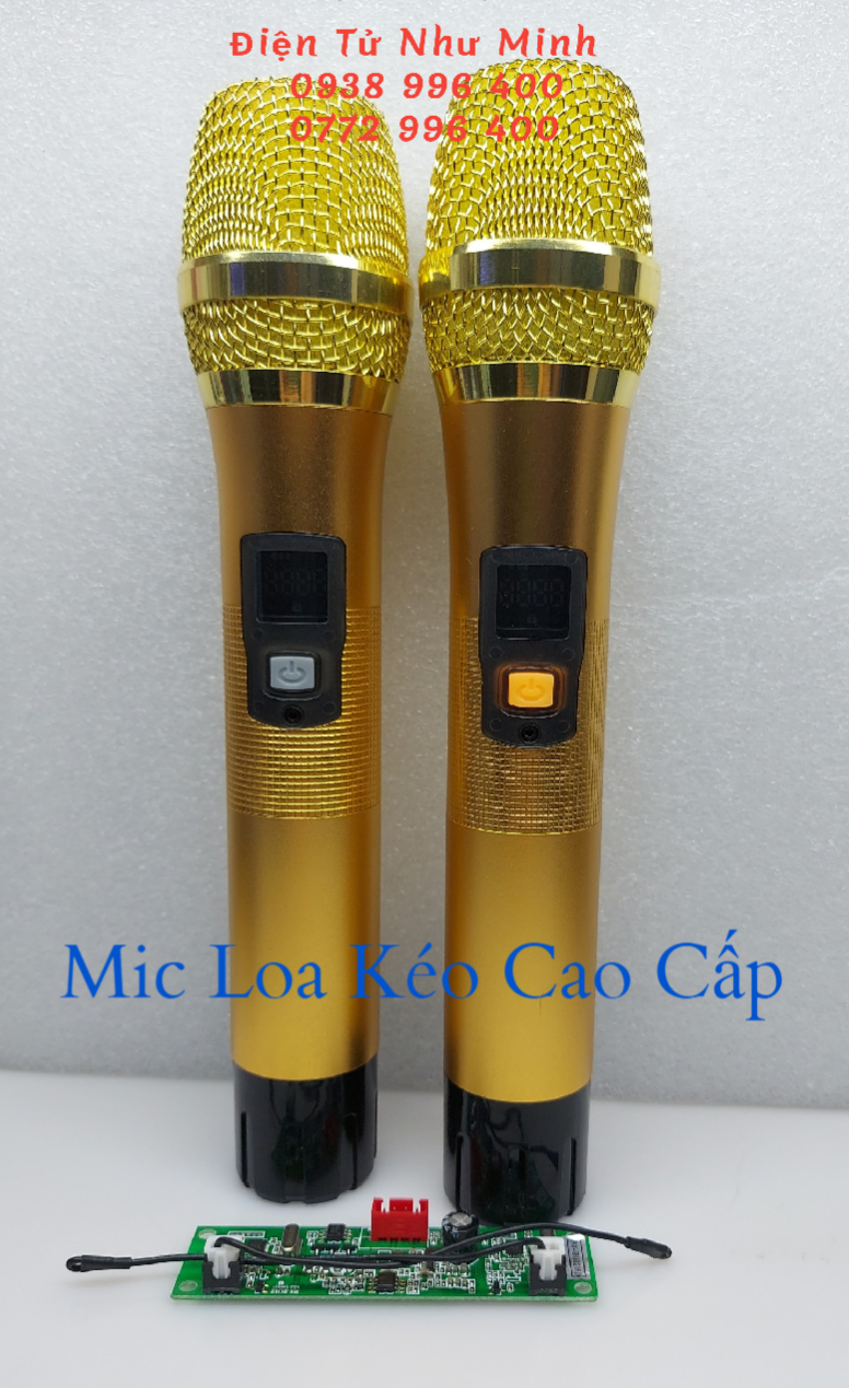 [HCM]Bộ 2 Micro không dây cho loa kéo UHF Chỉnh Tần Số Vàng Nhôm Mạch rời cao cấp