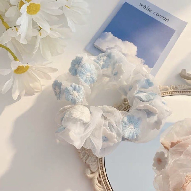 Cột tóc scrunchies thêu hoa - dây cột tóc scrunchies hoa