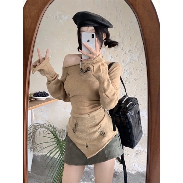 (Sẵn - Ảnh thật) ÁO LEN TAY DÀI RÁCH VẠT CHÉO | Sugarblingbling