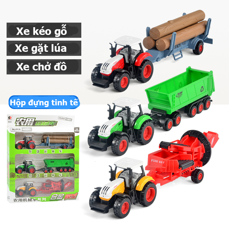 Bộ 3 xe kéo nông trại cho bé gồm xe kéo gỗ, gặt lúa, chở đồ đầu hợp kim bền và đẹp
