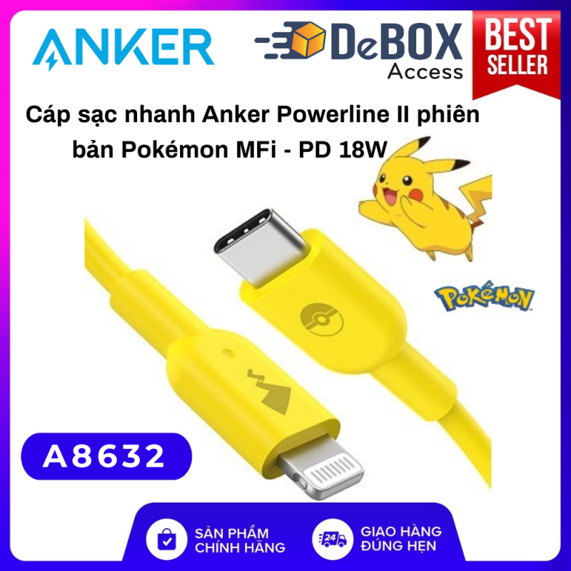 Cáp sạc nhanh ANKER x Pokemon MFi USB-C Apple PD dài 0.9m - A8632 Bảo hành 12T