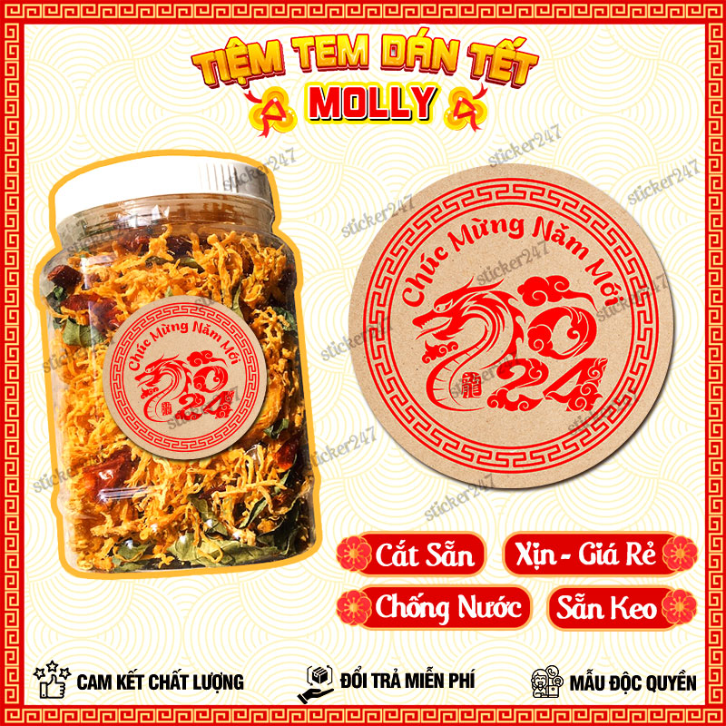 Tem tết decal dán tết chúc mừng năm mới giáp thìn 2024 🌈𝑭𝒓𝒆𝒆𝒔𝒉𝒊𝒑 decal kraf vintage sang trọng, cắt sẵn, trang trí tết