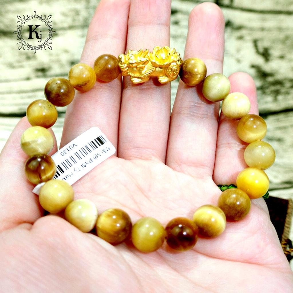 Vòng Tay Phong Thủy Mắt Hổ Vàng Ánh Trăng Tỳ Hưu Bạc Mạ Vàng 24K - Hợp Mệnh Thổ, Mệnh Kim - Viên Đá Của Tiền Tài, Sức Khỏe - Tặng Kèm Dây, Đá Dự Phòng