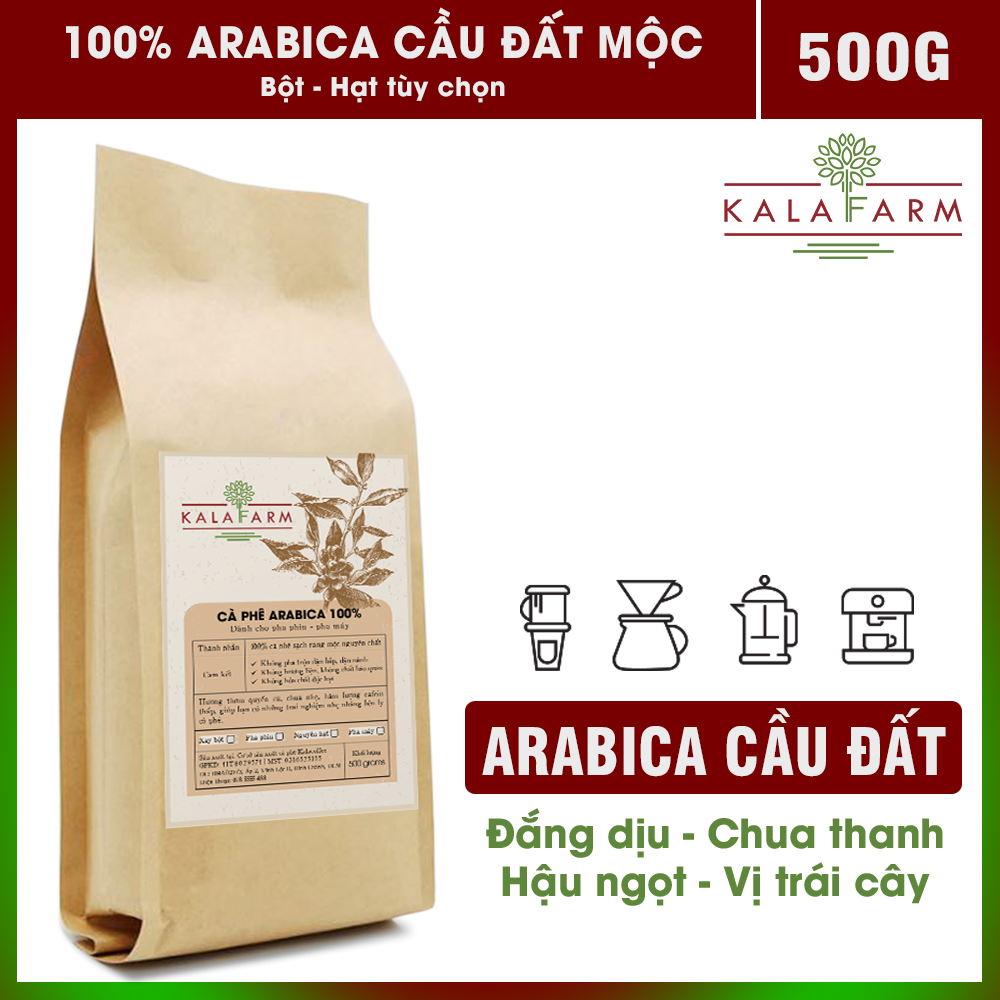 500g Cà phê Arabica Cầu Đất Rang Mộc nguyên chất 100% Kalafarm Thơm mạnh
