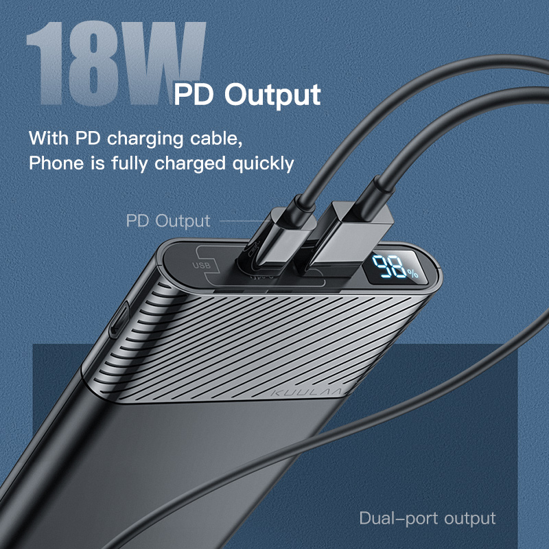 KUULAA Pin dự phòng 10000mAh 18W True Flash Sạc nhanh Sạc đầy Hỗ trợ sạc nhanh hai chiều QC PD3. 0 Màn hình LED mỏng và di động cho iPhone 11 Pro Xs Max X Huawei Samsung