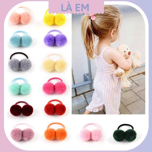 Set 2 dây cột tóc đính cục bông xinh xắn cho bé gái