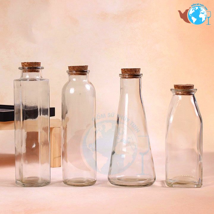 Combo 4 chai thủy tinh nút gỗ 350ml lục giác, tròn, nón, vuông nút gỗ , 4 chai thủy tinh đựng rượu, đựng nước detox, nước trái cây