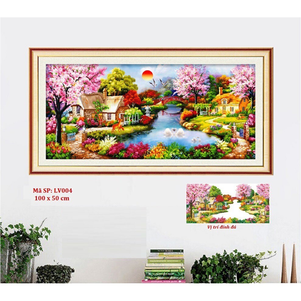 Tranh đính đá phong cảnh Mùa xuân bên hồ 100x50cm - tự đính