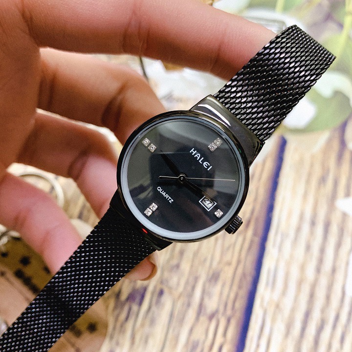 Đồng hồ cặp đôi nam, nữ dây thép lụa Halei Full Black