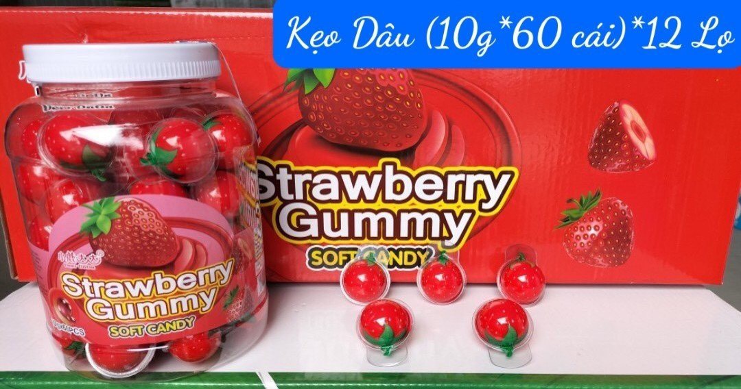[Hộp 60 viên] Kẹo dẻo có nhân siro hình QUẢ DÂU [HOT HOT][ DATE MỚI]
