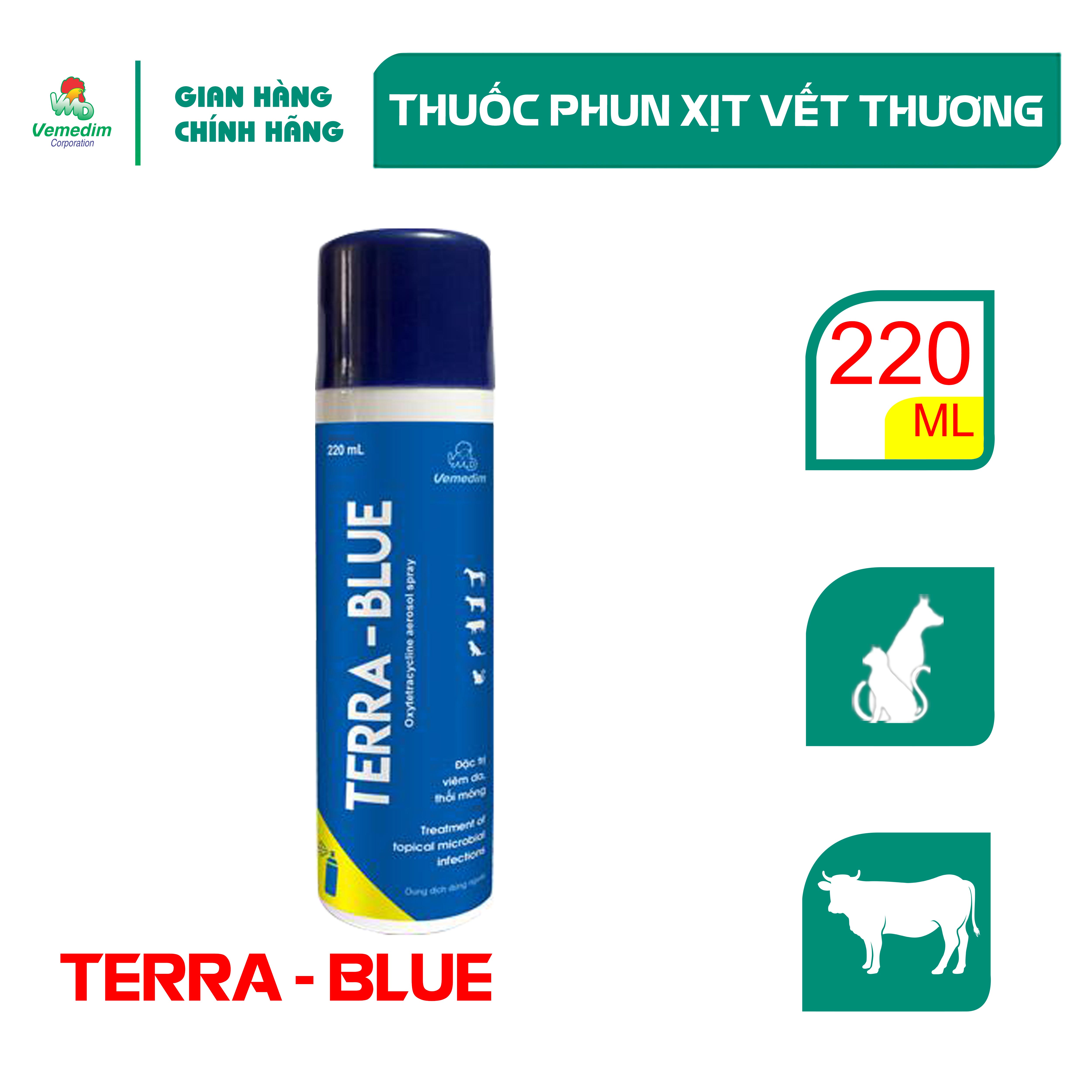 "hoàn tiền đến 10%" vemedim terra blue phun xịt chống nhiễm trùng cho gia súc, chó, chai 220ml