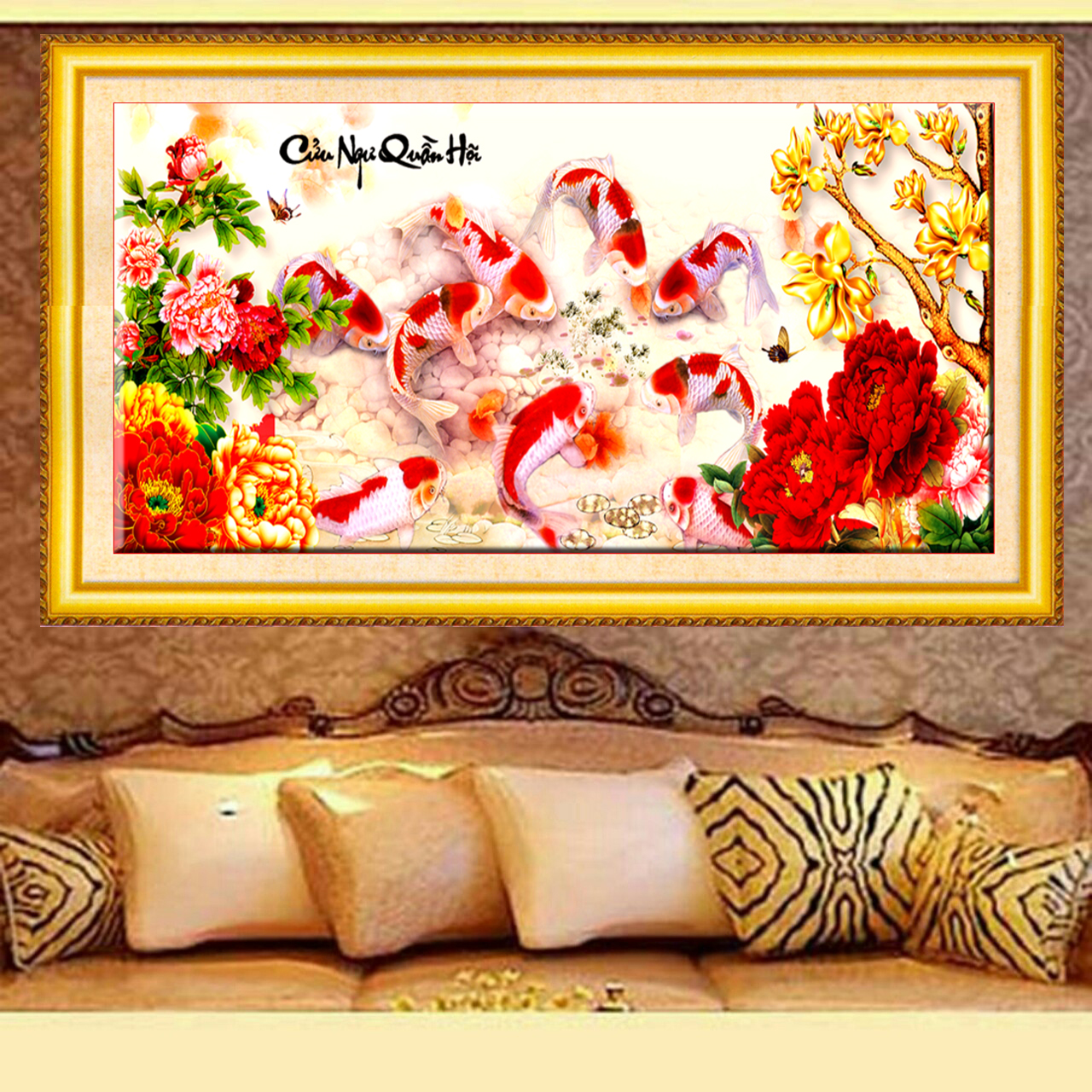 Tranh đính đá Cửu ngư quần hội 115*50cm - tự đính