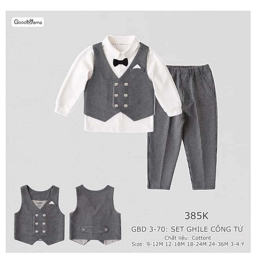 Set gile sọc công tử 4 chi tiết kèm nơ bé trai GBD 3-70 Good Mama