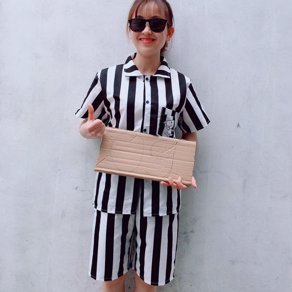 [ Nguyen Thuy975798 Store] Bộ Pizama Nam Nữ Tù Trưởng Sọc Đen Trắng Cực Phong Cách