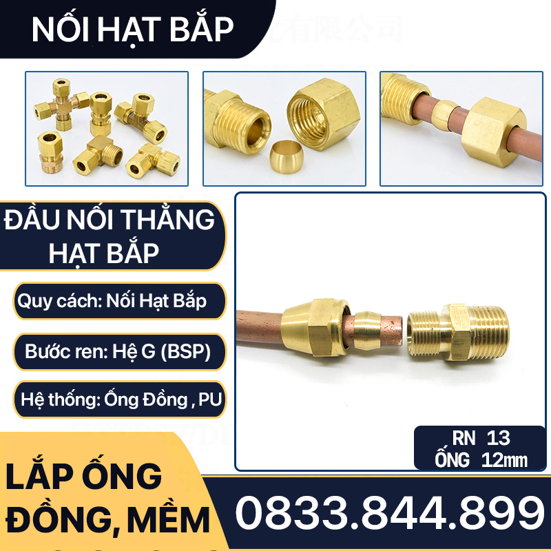 Bộ Nối Ren Ngoài Hạt Bắp, Bộ Ren Ngoài 1/4 (13) Lắp Hạt Bắp Ống Đồng 6 8 10 12mm