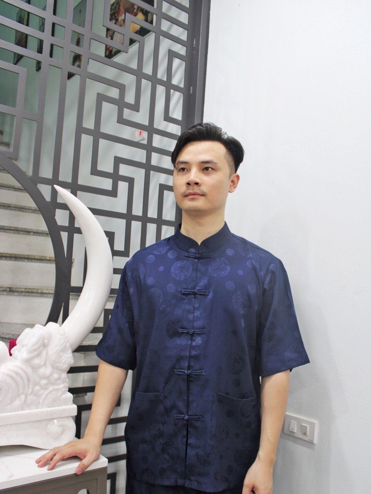 Đồ lam/Pháp phục nam lụa gấm triện rồng Diệu Hạnh cao cấp