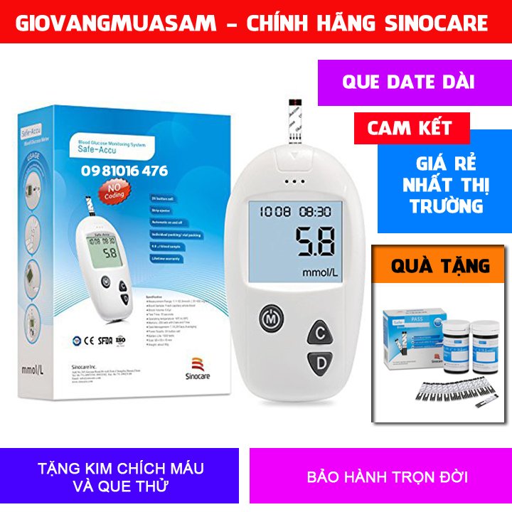 Máy đo đường huyết SINOCARE Safe Accu tặng hộp 50 que thử đường huyết + 50 kim chích